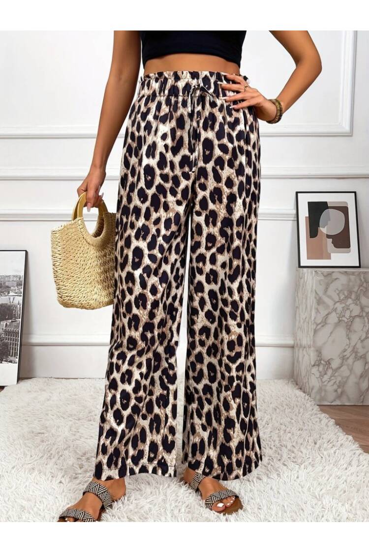 Women's High Waist Elastic Lace Up Leopard Print Jumper Pants - Leopard