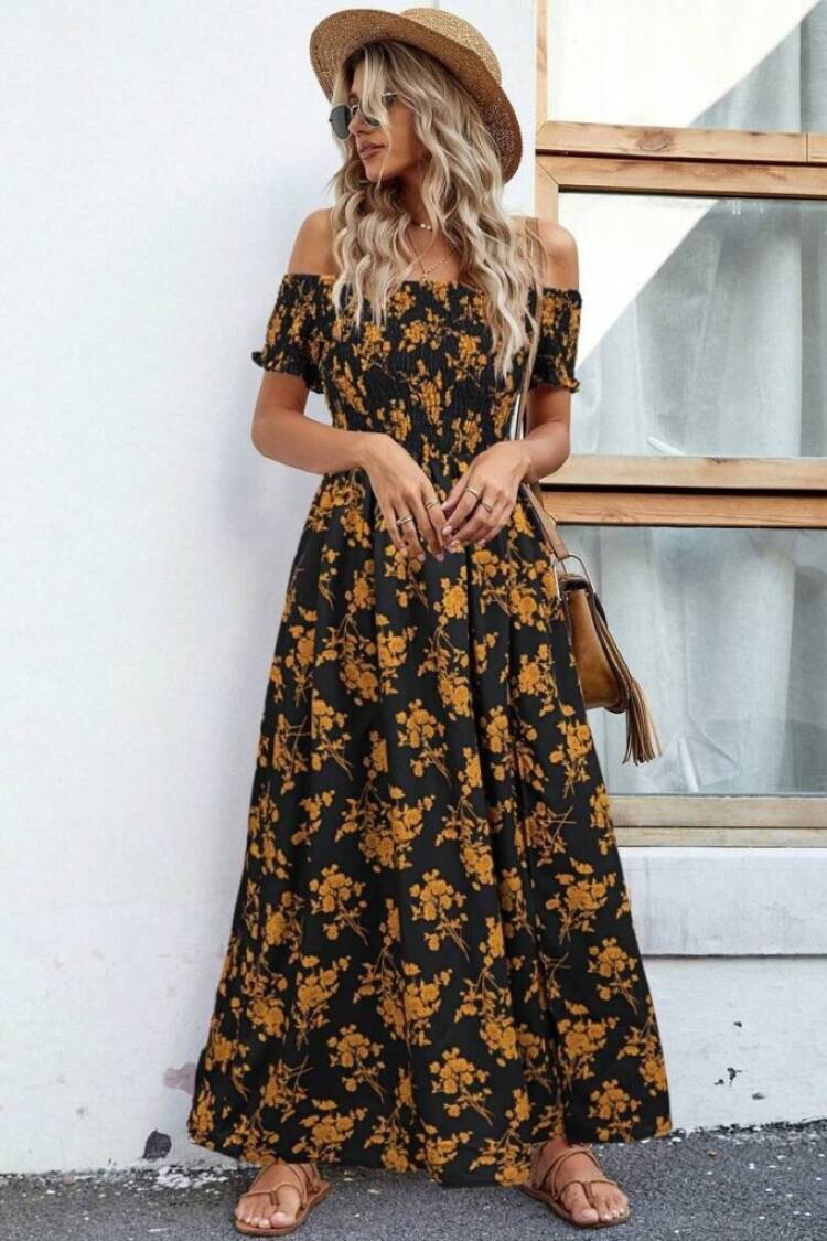 Women's Short Sleeve Madonna Collar Slit Floral Print Suprem Dress - Black