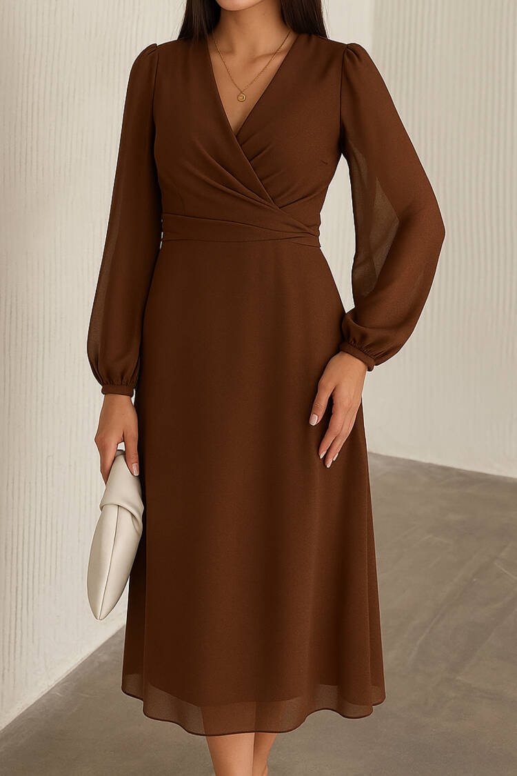 Lined Chiffon Dress - Brown