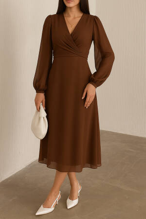 Lined Chiffon Dress - Brown - Mode Roy - Globality Store - Women Clothes Wholesale Turkey