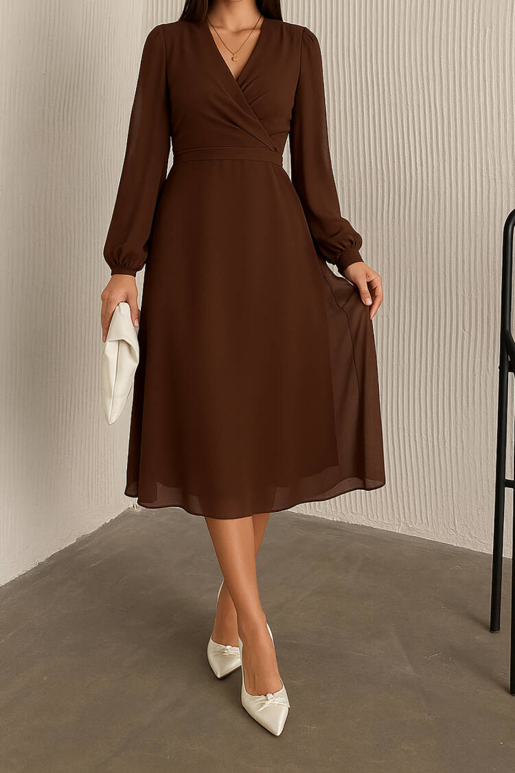 Lined Chiffon Dress - Brown