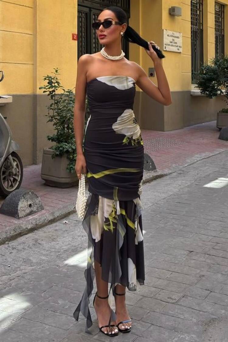 Floral Pattern Sequined Tulle Dress