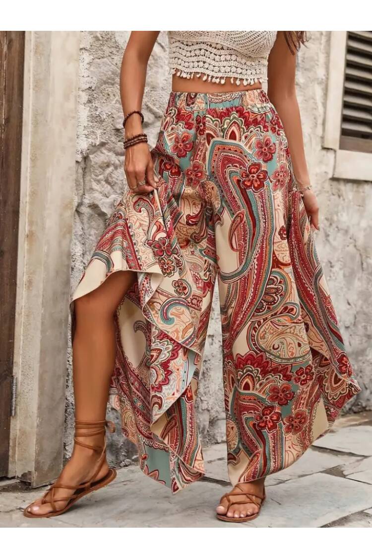 Women's High Waist Elastic Pattern Wide Leg Jumpsuit Pants - Mix Color