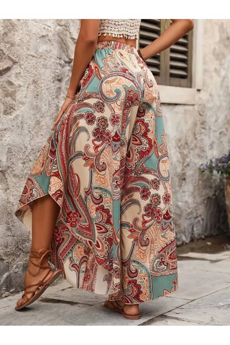 Women's High Waist Elastic Pattern Wide Leg Jumpsuit Pants - Mix Color