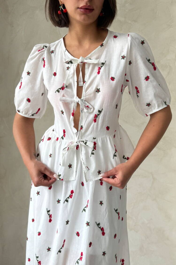 Front Tie Embroidered Voile Blouse