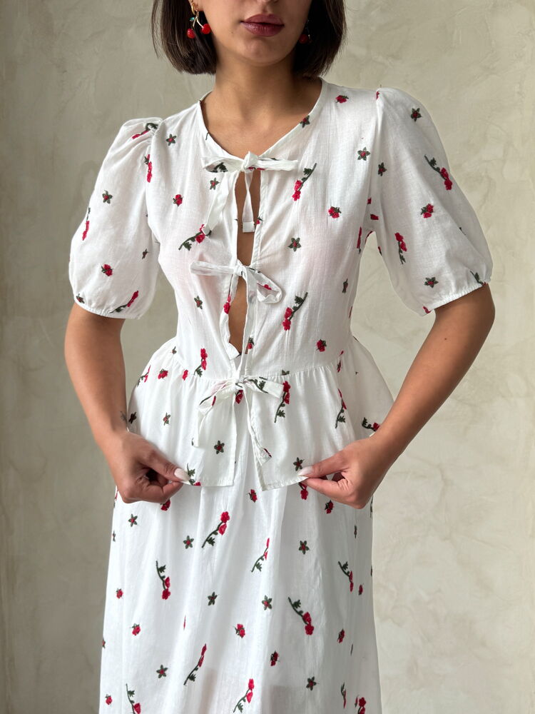 Front Tie Embroidered Voile Blouse