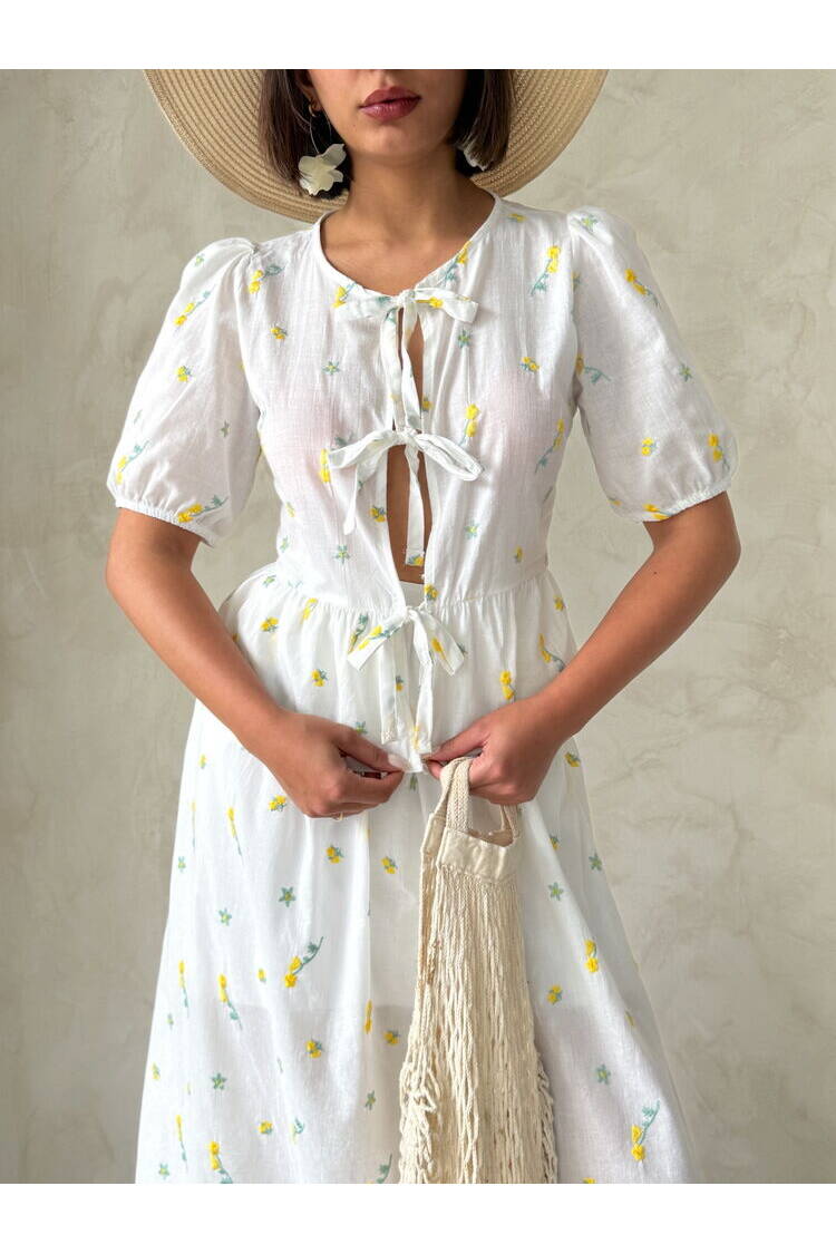 Front Tie Embroidered Voile Blouse