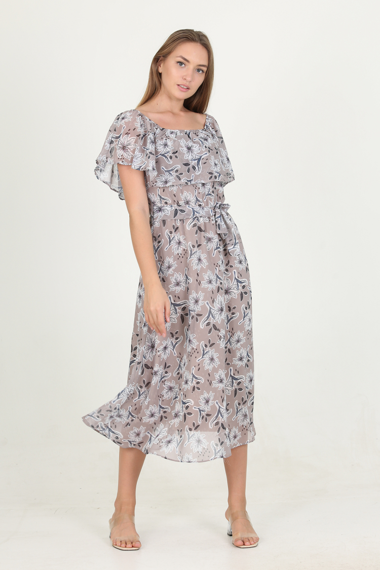 Madonna Collar Belted Patterned Chiffon Dress - Mode Roy - Globality Store - Women Clothes Wholesale Turkey