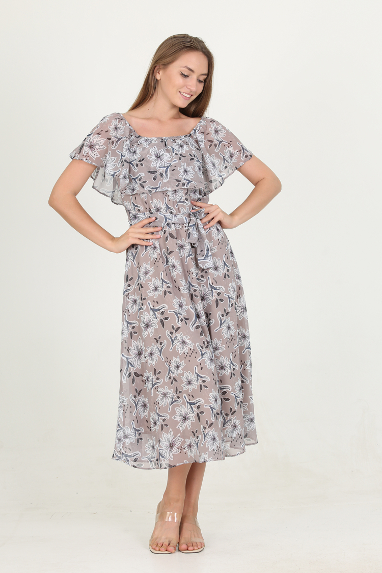 Madonna Collar Belted Patterned Chiffon Dress