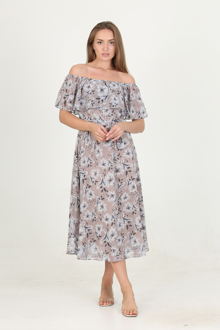 Madonna Collar Belted Patterned Chiffon Dress
