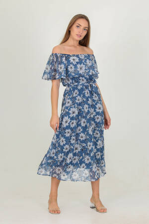 Madonna Collar Belted Patterned Chiffon Dress - Mode Roy - Globality Store - Women Clothes Wholesale Turkey