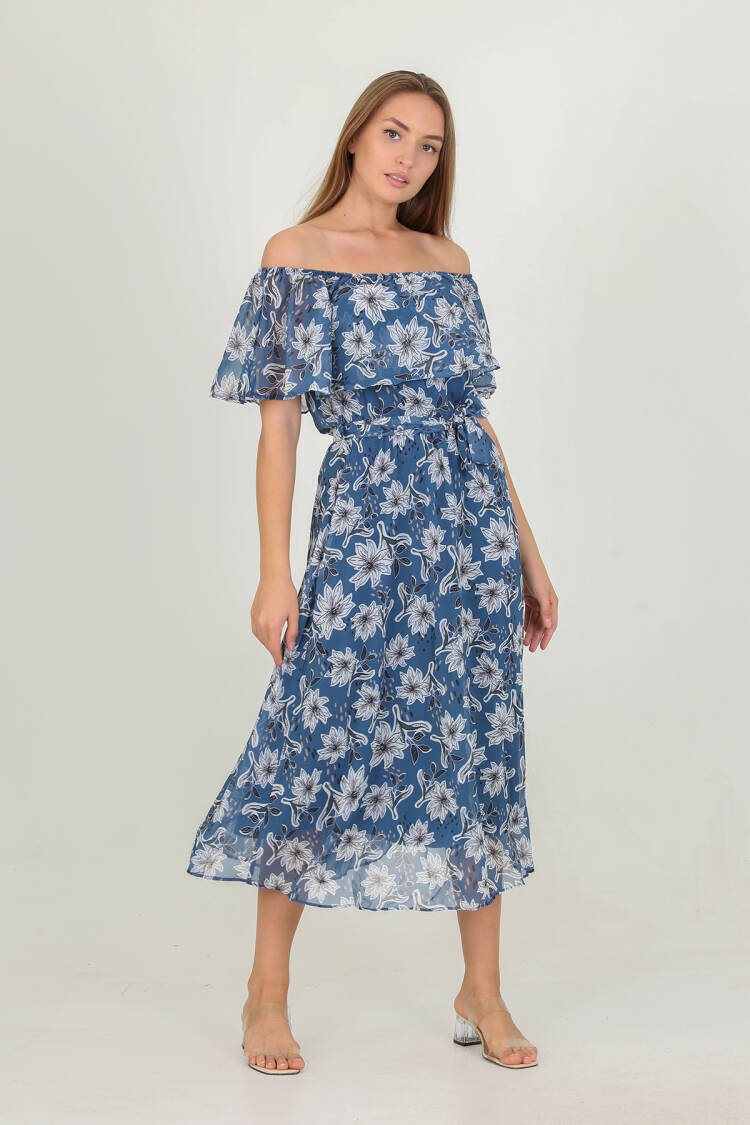 Madonna Collar Belted Patterned Chiffon Dress