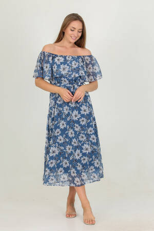 Madonna Collar Belted Patterned Chiffon Dress - Mode Roy - Globality Store - Women Clothes Wholesale Turkey