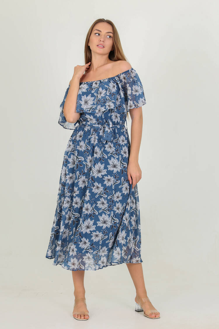Madonna Collar Belted Patterned Chiffon Dress