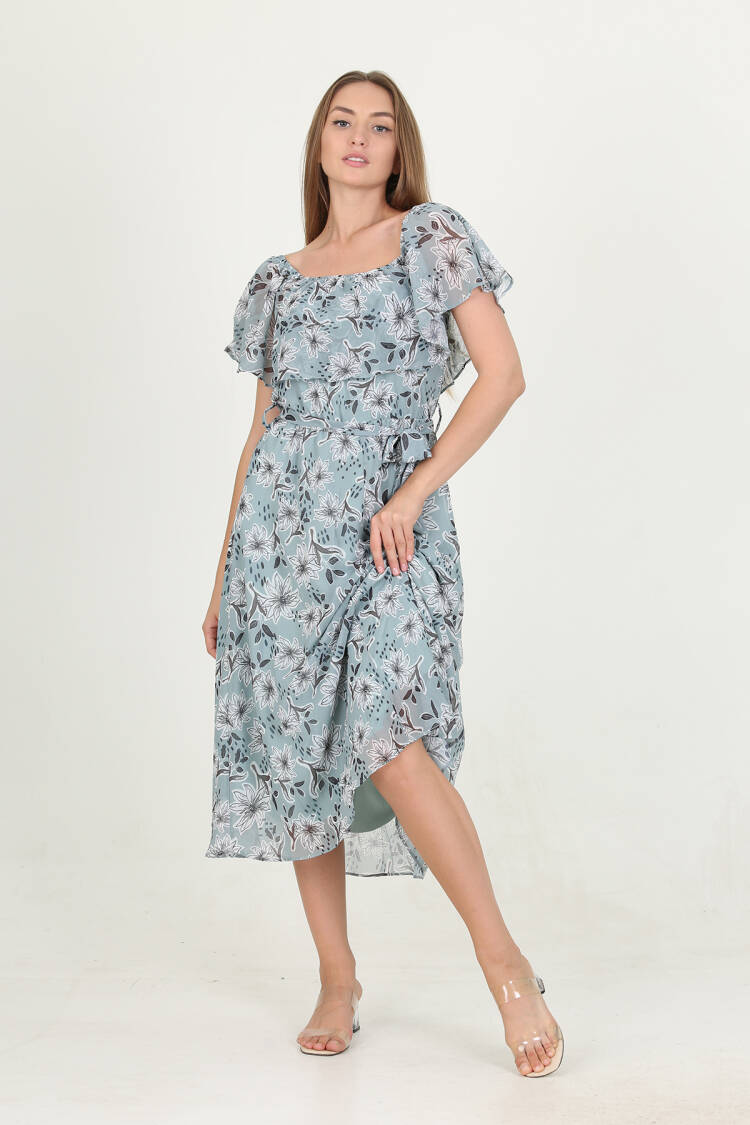Madonna Collar Belted Patterned Chiffon Dress