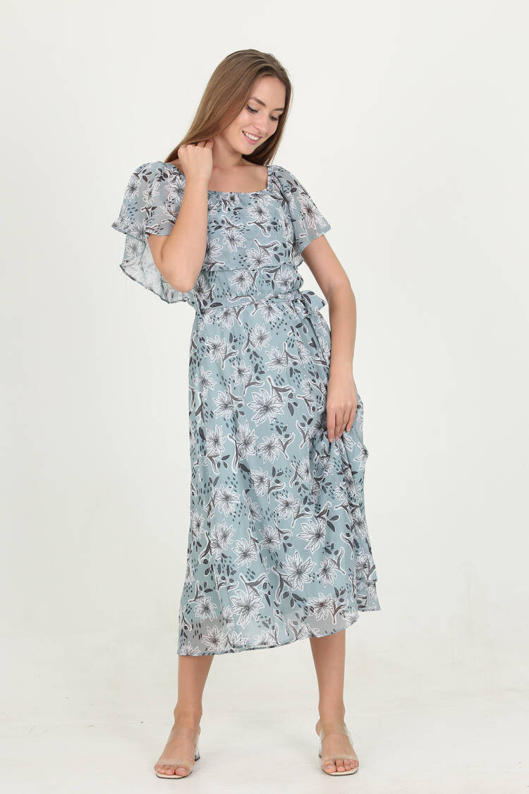 Madonna Collar Belted Patterned Chiffon Dress - Mode Roy - Globality Store - Women Clothes Wholesale Turkey