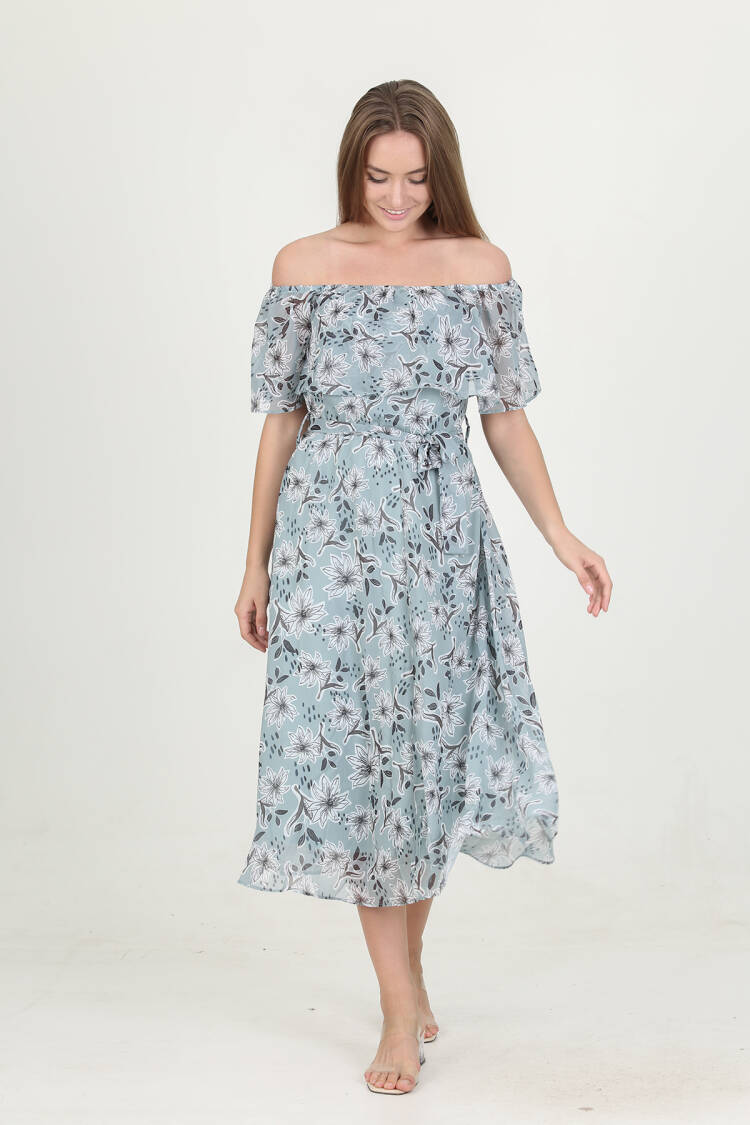 Madonna Collar Belted Patterned Chiffon Dress