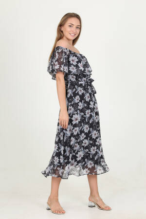 Madonna Collar Belted Patterned Chiffon Dress - Mode Roy - Globality Store - Women Clothes Wholesale Turkey