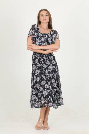 Madonna Collar Belted Patterned Chiffon Dress - Mode Roy - Globality Store - Women Clothes Wholesale Turkey
