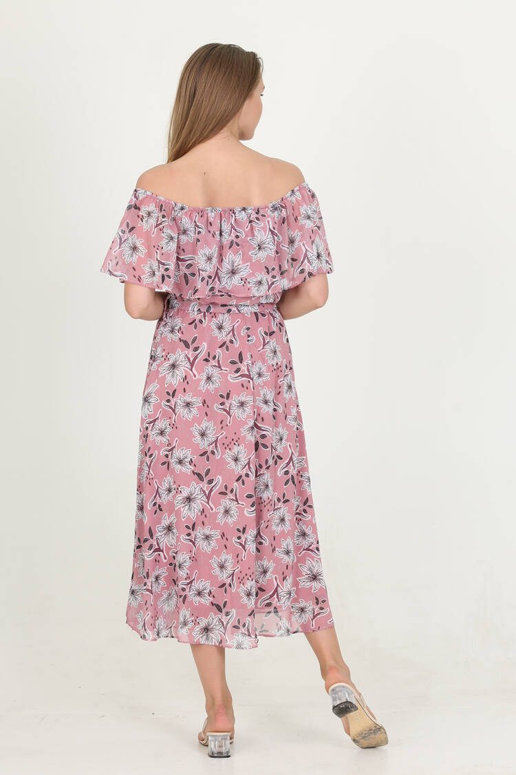 Madonna Collar Belted Patterned Chiffon Dress