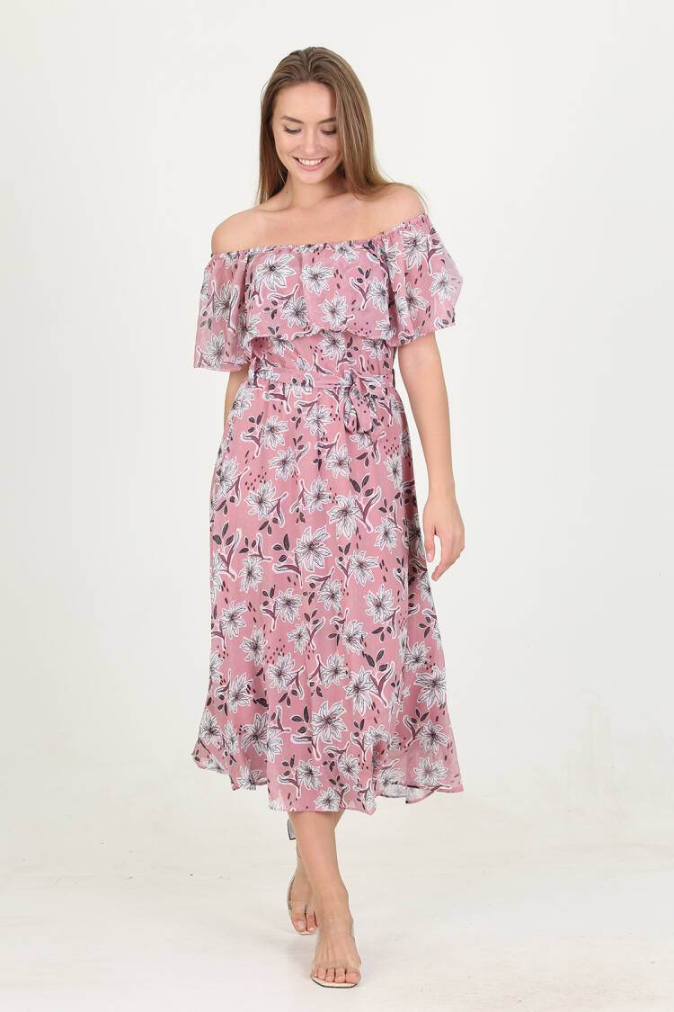 Madonna Collar Belted Patterned Chiffon Dress - Mode Roy - Globality Store - Women Clothes Wholesale Turkey