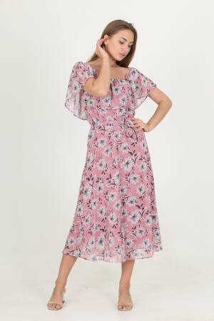 Madonna Collar Belted Patterned Chiffon Dress - Mode Roy - Globality Store - Women Clothes Wholesale Turkey
