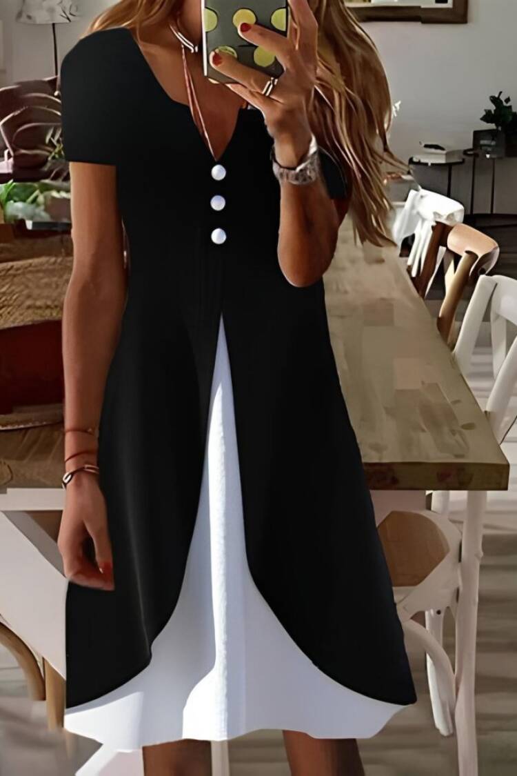 Women's Short Sleeve V-Neck Front Buttoned Double Color Viscose Dress - Black