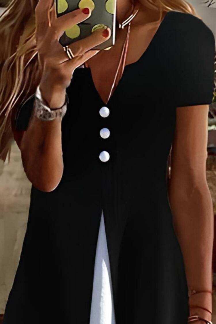 Women's Short Sleeve V-Neck Front Buttoned Double Color Viscose Dress - Black