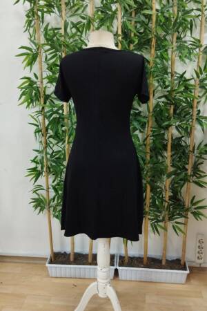 Women's Short Sleeve V-Neck Front Buttoned Double Color Viscose Dress - Black - Janes - Globality Store - Women Clothes Wholesale Turkey