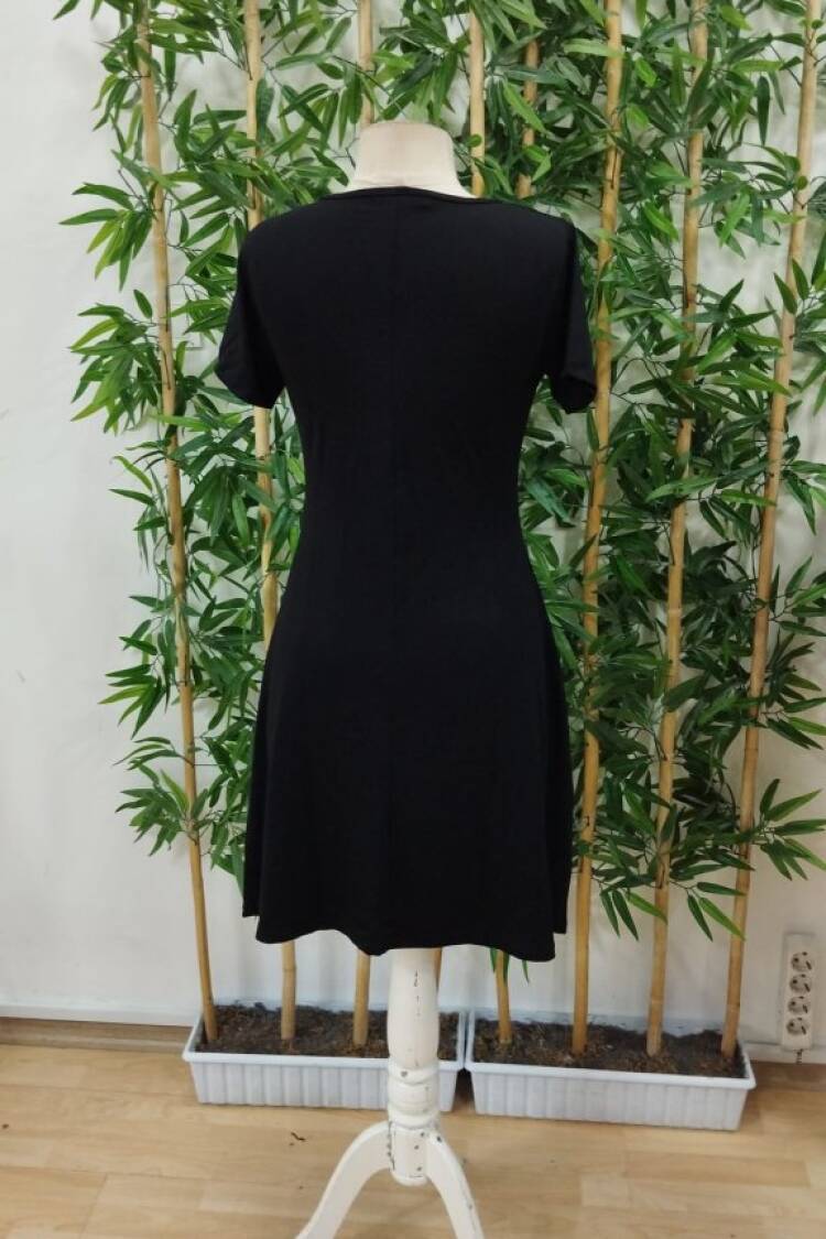 Women's Short Sleeve V-Neck Front Buttoned Double Color Viscose Dress - Black