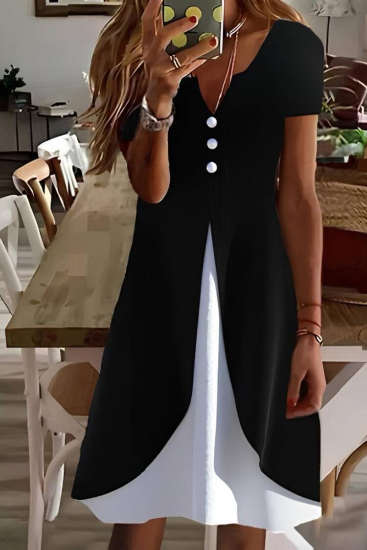 Women's Short Sleeve V-Neck Front Buttoned Double Color Viscose Dress - Black - Janes - Globality Store - Women Clothes Wholesale Turkey