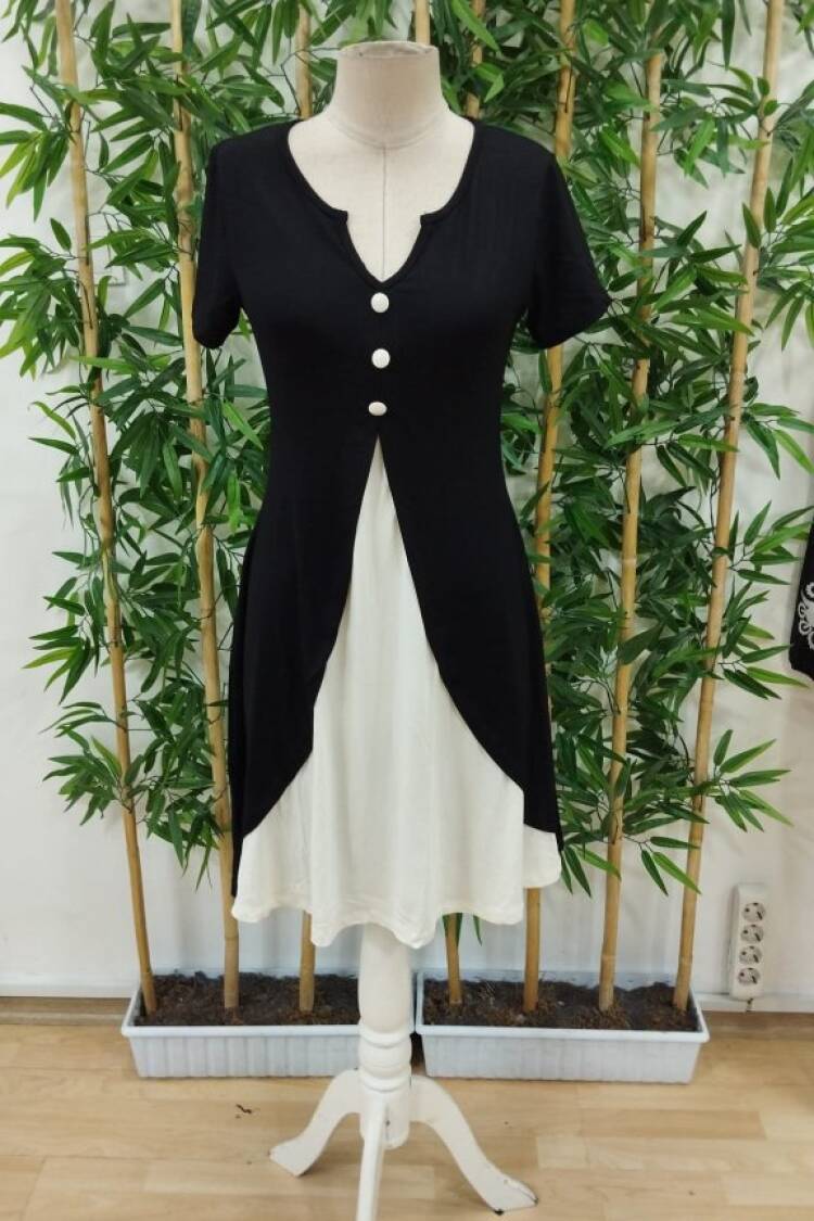 Women's Short Sleeve V-Neck Front Buttoned Double Color Viscose Dress - Black