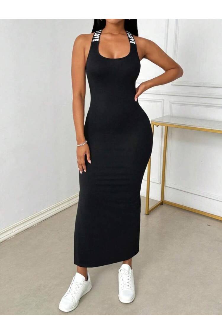 Women's Round Neck Crisscross Stripe Love Detailed Slit Viscose Dress - Brand: Janes - Women's Clothing Wholesale - Globality Store