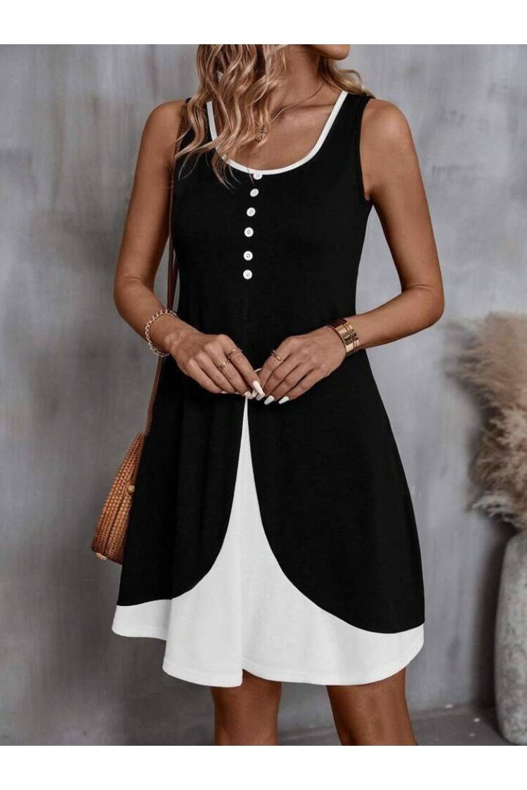Women's Strappy Round Neck Front Buttoned Double Color Viscose Dress - Black