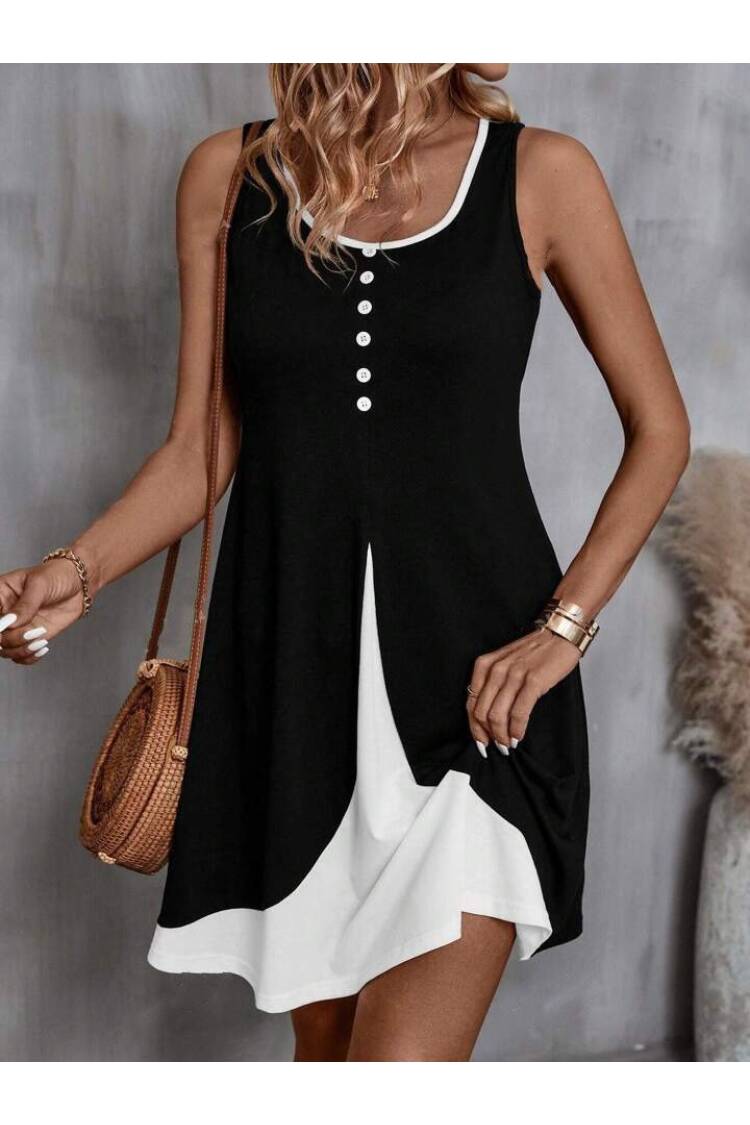 Women's Strappy Round Neck Front Buttoned Double Color Viscose Dress - Black - Janes - Globality Store - Women Clothes Wholesale Turkey