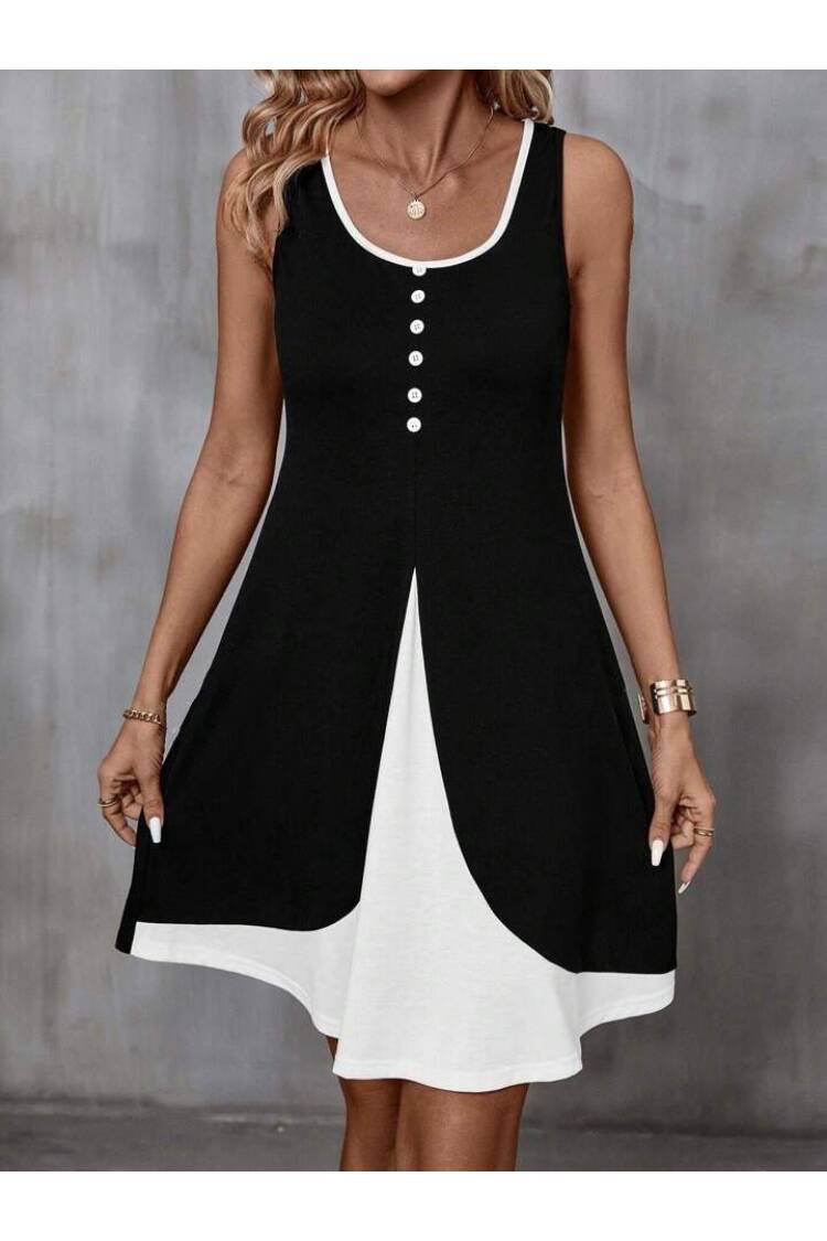 Women's Strappy Round Neck Front Buttoned Double Color Viscose Dress - Black