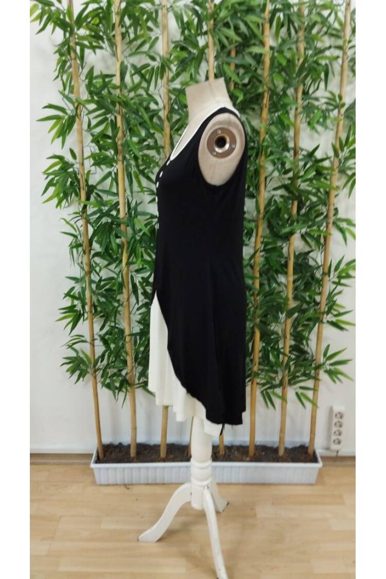 Women's Strappy Round Neck Front Buttoned Double Color Viscose Dress - Black