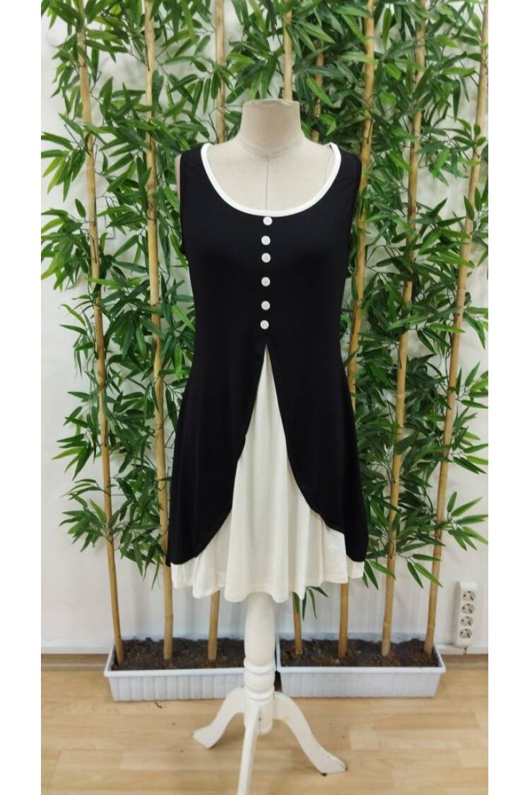 Women's Strappy Round Neck Front Buttoned Double Color Viscose Dress - Black
