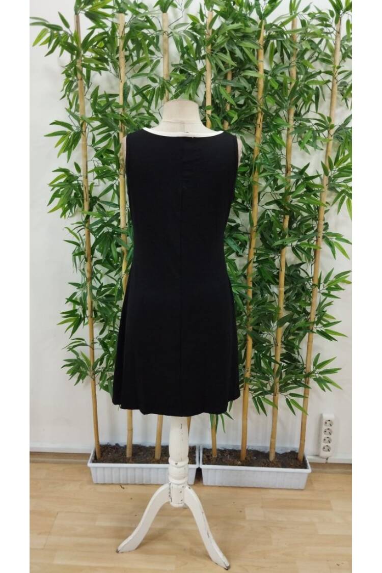 Women's Strappy Round Neck Front Buttoned Double Color Viscose Dress - Black