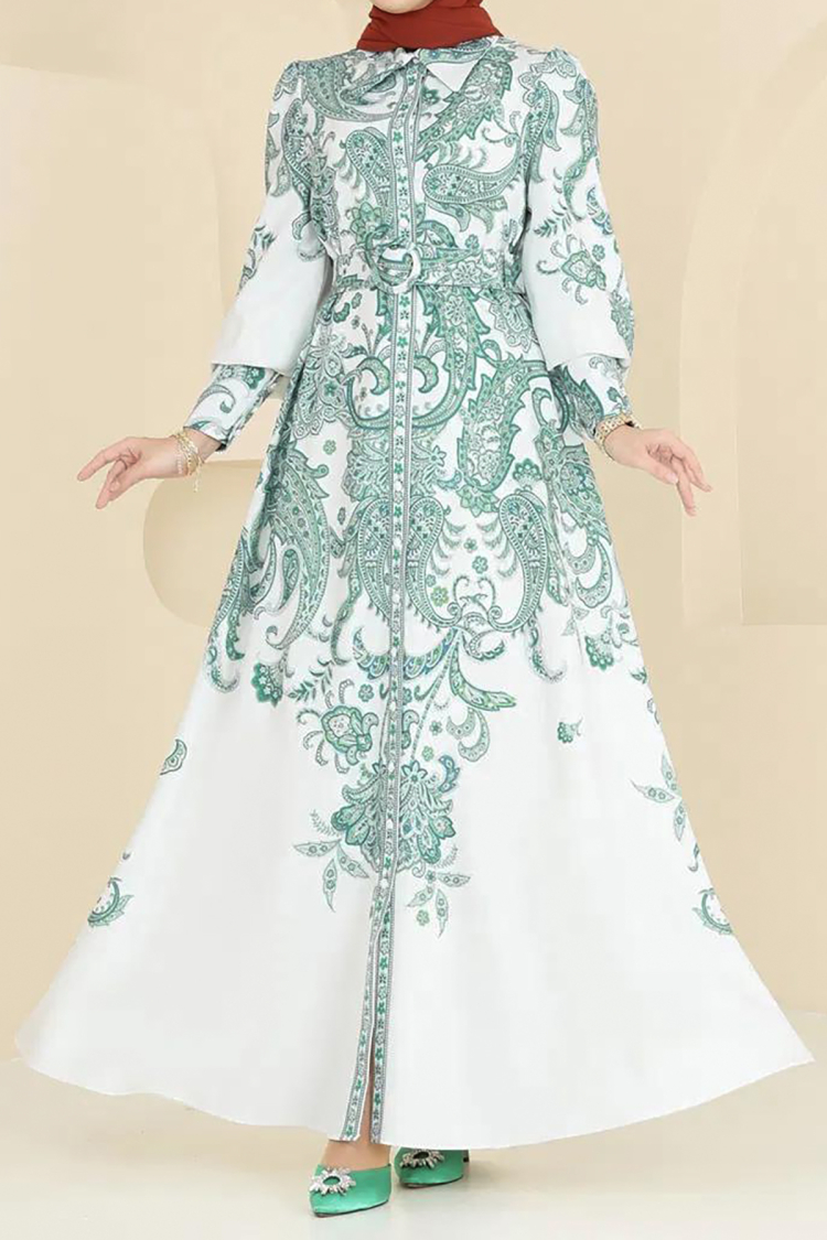 Button And Belt Detailed Patterned Burkini Dress
