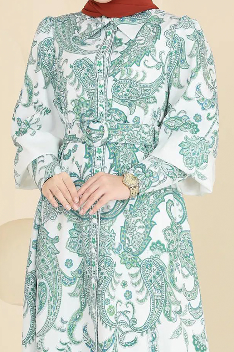 Button And Belt Detailed Patterned Burkini Dress