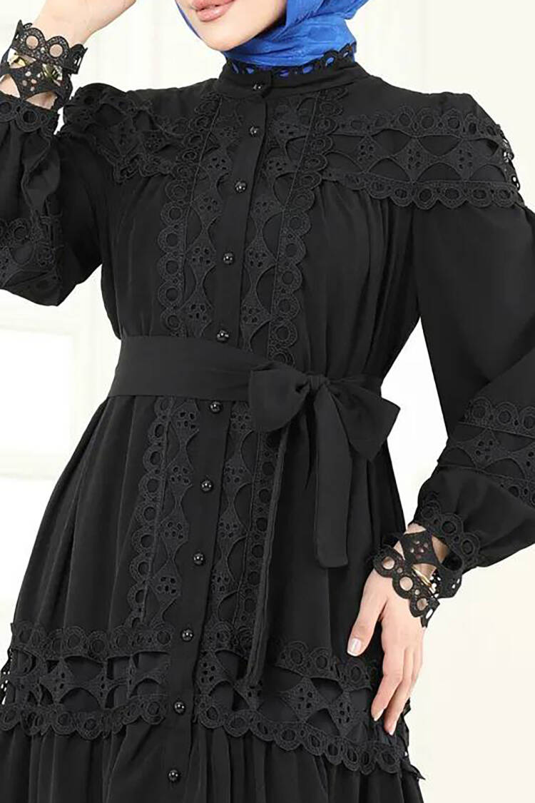 Guipure Detailed Burkini Dress - Black - Mode Roy - Globality Store - Women Clothes Wholesale Turkey