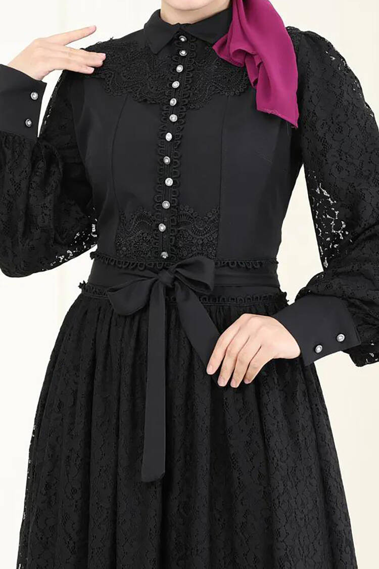 Lace Detailed Burkini Dress - Black - Mode Roy - Globality Store - Women Clothes Wholesale Turkey