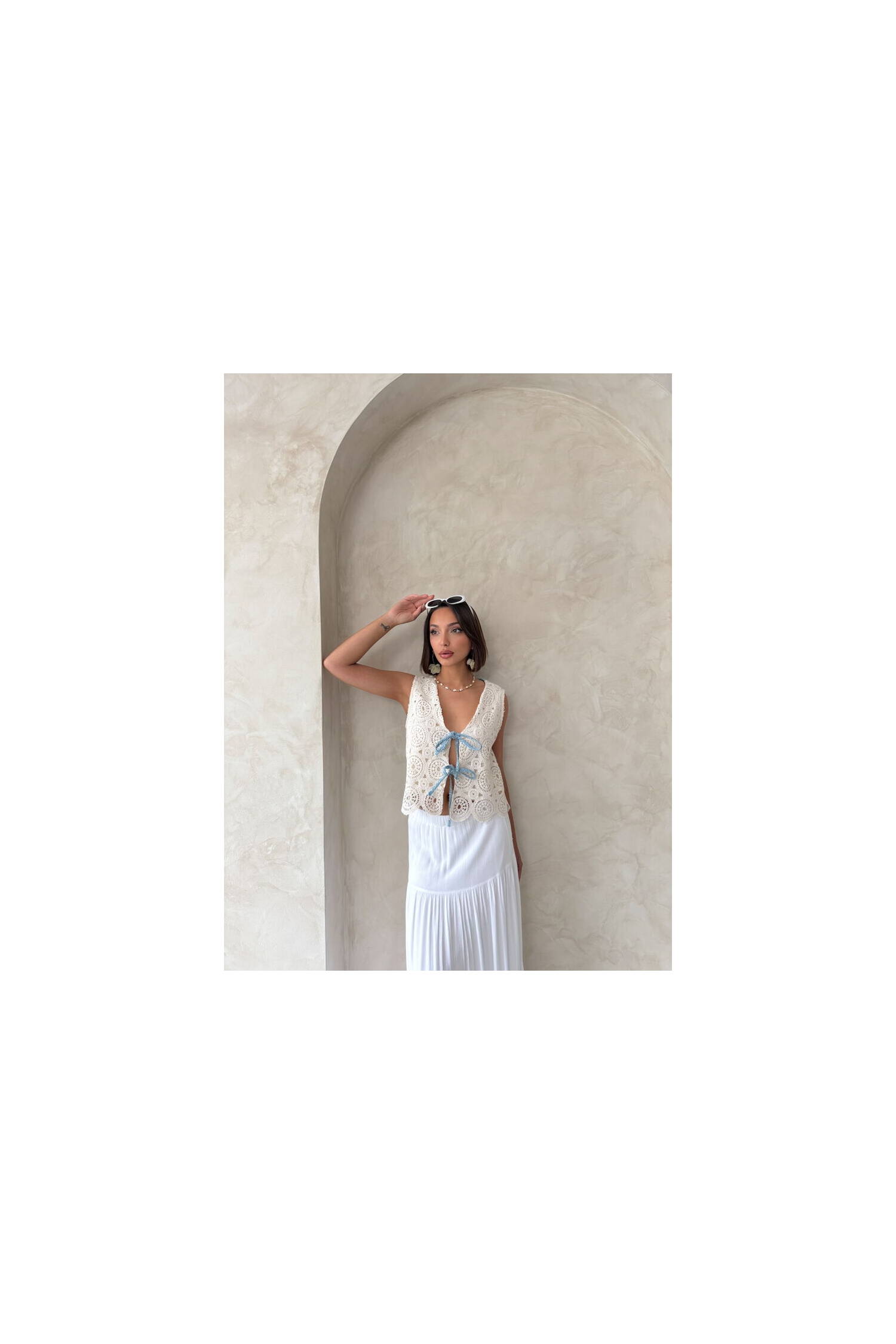 Denim Detailed Lace Vest With Front Closure - Raw - Brand: Topshow - Women's Clothing Wholesale - Globality Store