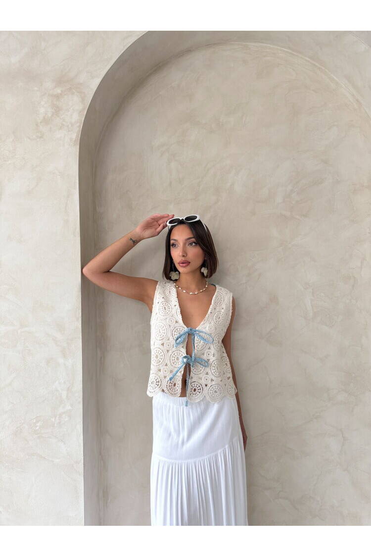 Denim Detailed Lace Vest With Front Closure - Raw
