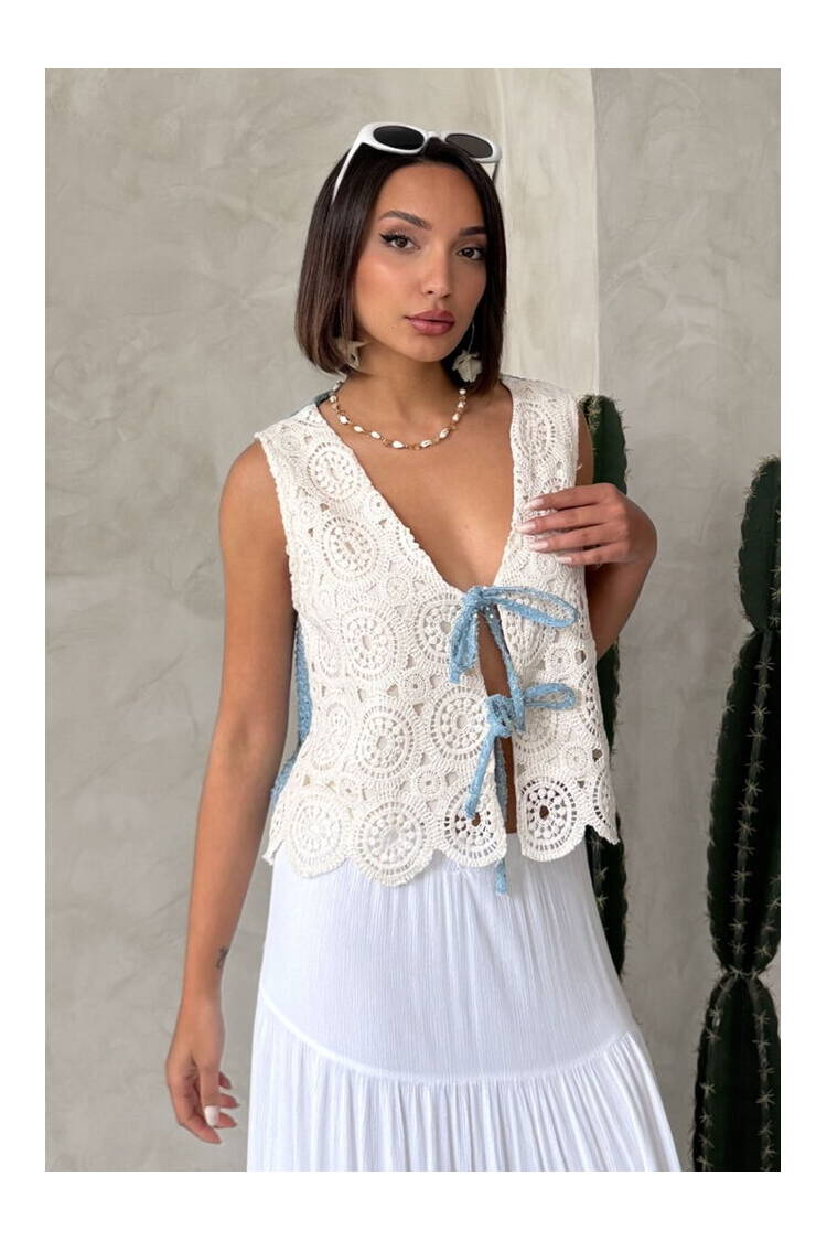 Denim Detailed Lace Vest With Front Closure - Raw - Brand: Topshow - Women's Clothing Wholesale - Globality Store