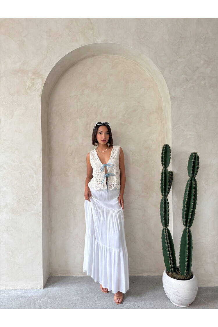 Denim Detailed Lace Vest With Front Closure - Raw