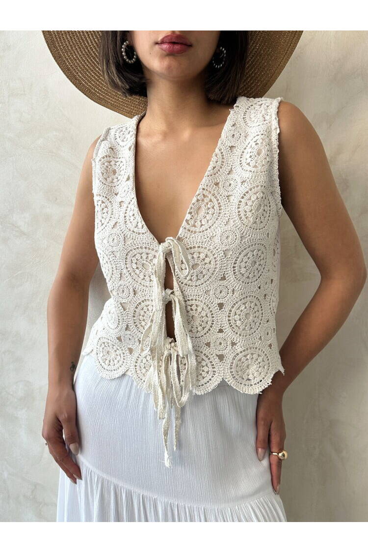 Lace Vest With Front Tie - Raw