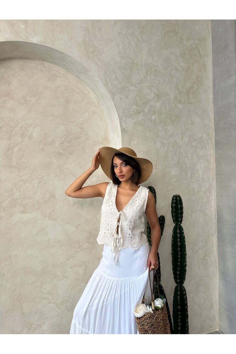 Lace Vest With Front Tie - Raw