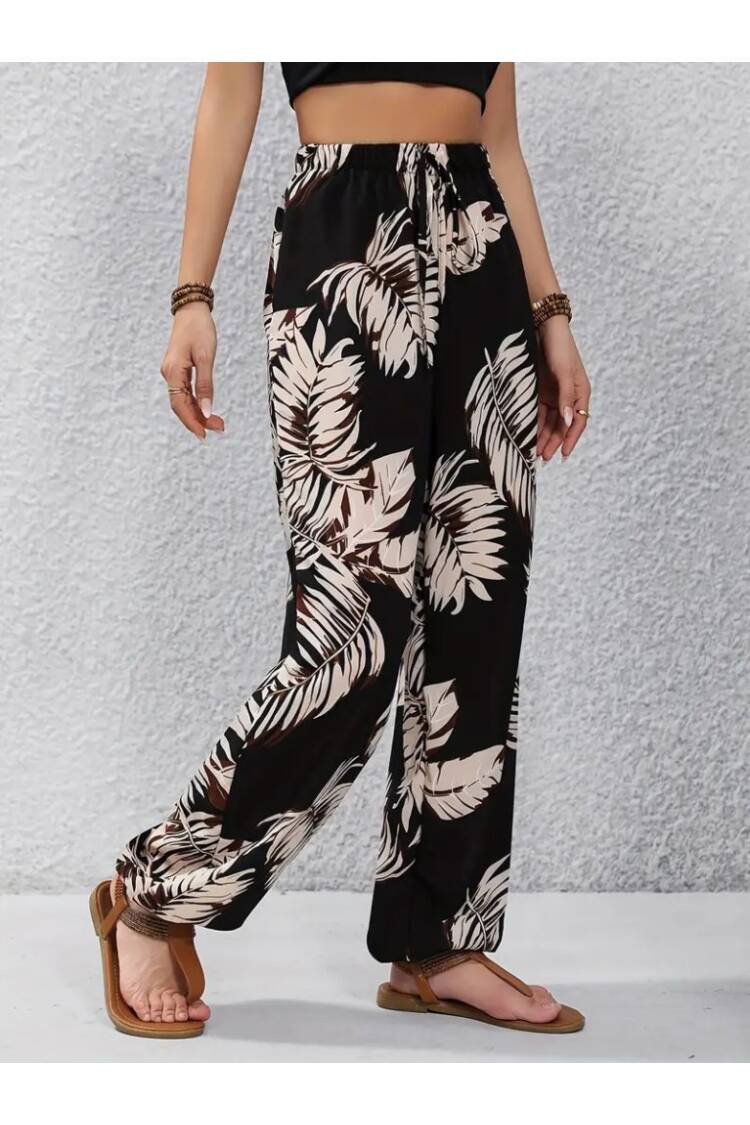 Women's High Waist Lace-up Leaf Print Suprem Pants - Mix Color - Janes - Globality Store - Women Clothes Wholesale Turkey